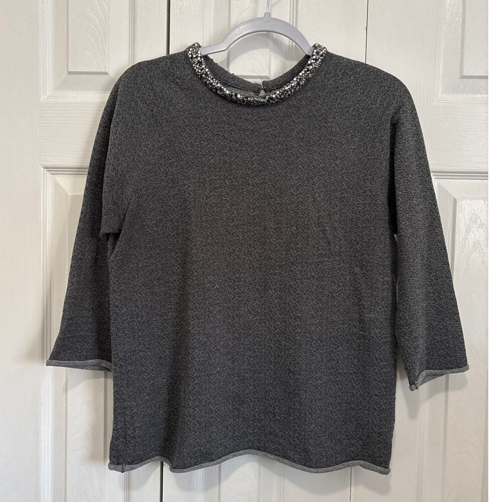 Majestic Filatures Cotton Cashmere Blend Gray Crystal Embellished Top Size 2/S